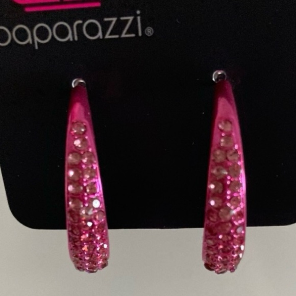NEW Paparazzi Pink Rhinestone Hoops - Picture 2 of 14